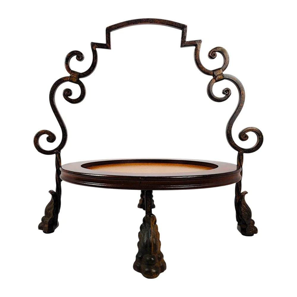 Vintage Wood Round Centerpiece Tray with Metal Handle
